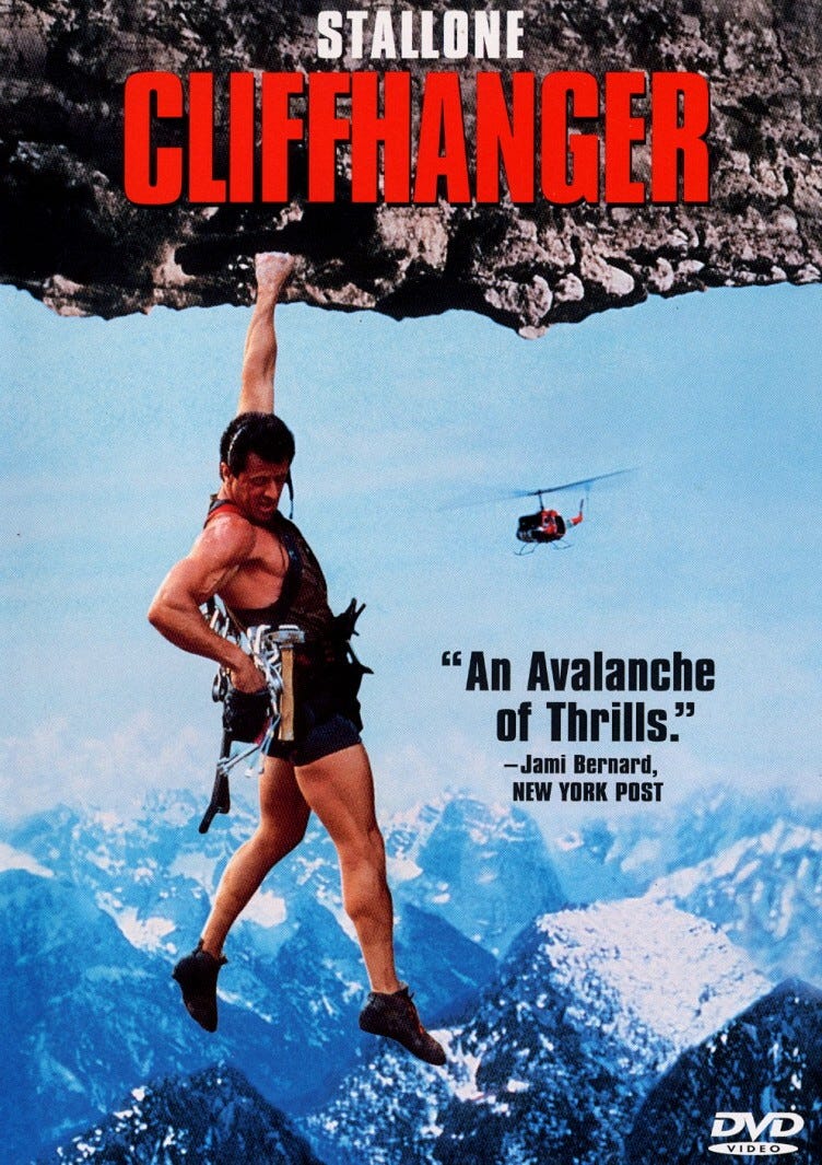 A man dangles from a cliff. Movie poster for CLIFFHANGER, a 1993 action film. 
