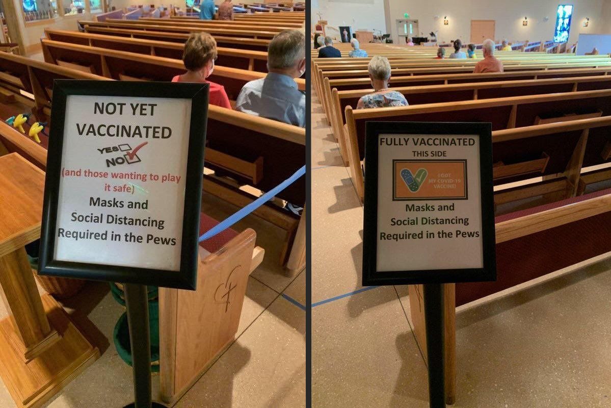 May be an image of 5 people and text that says "NOT YET VACCINATED NOE and those wanting to play it safe) Masks and Social Distancing Required in the Pews"
