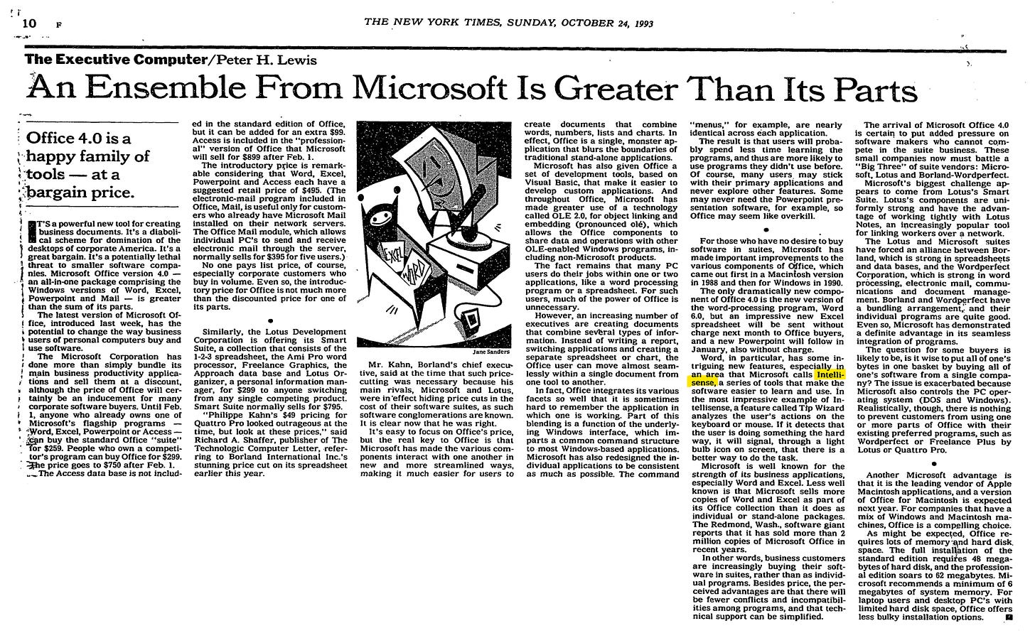 NY Times October 1993 "An Ensemble from Microsoft Is Greater Than Its Parts" - a review of sorts on Office 4.0 that mentions IntelliSense.