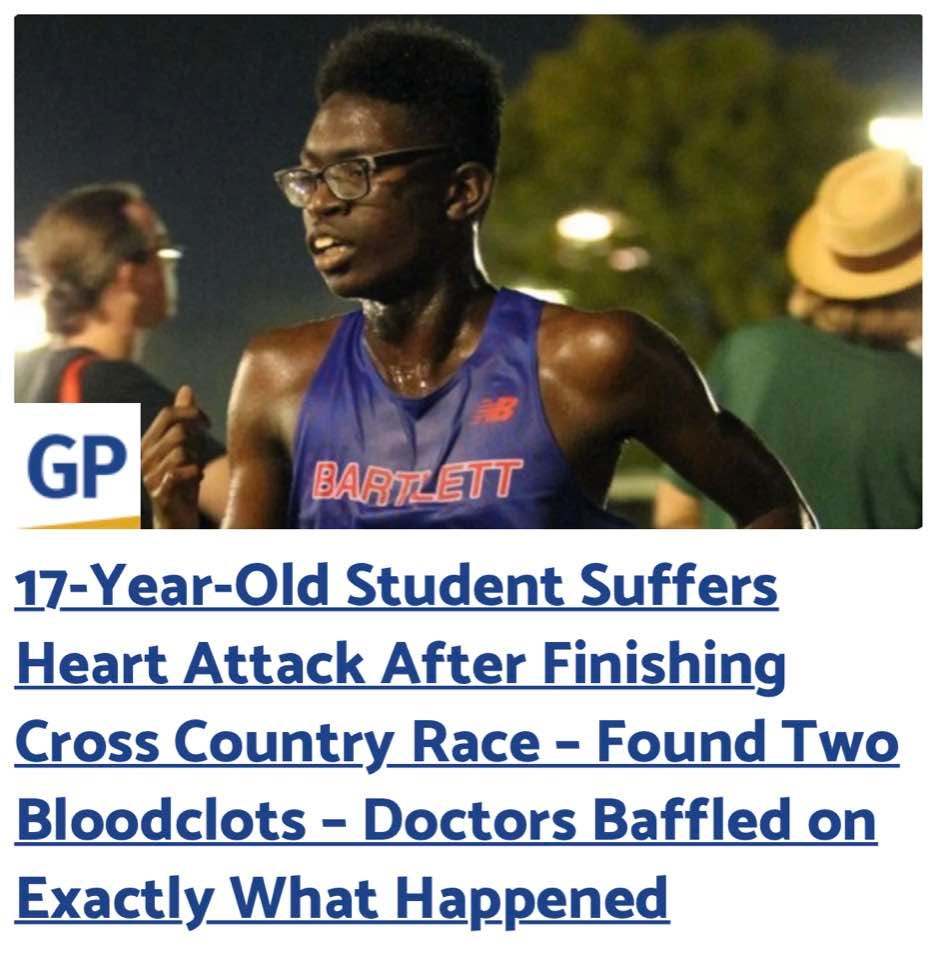 May be an image of 3 people and text that says "GP BARTLETT 17-Year-Old Student Suffers Heart Attack After Finishing Cross Country Race Found Two Bloodclots Doctors Baffled on Exactly What Happened"