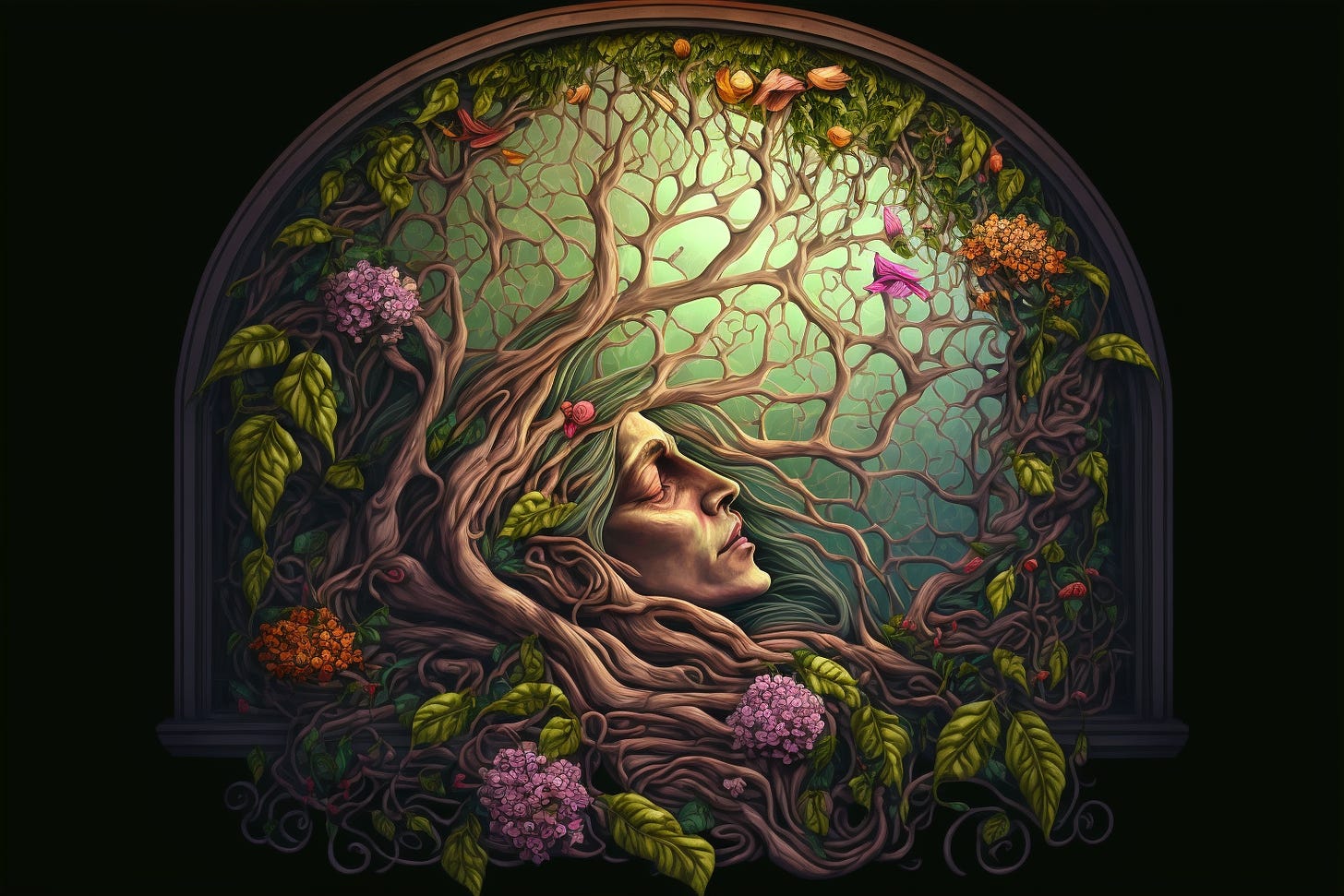 an old woman is lying on the ground with her eyes closed. there's a beautiful tree growing out of her head, with flowers blossoming all around her