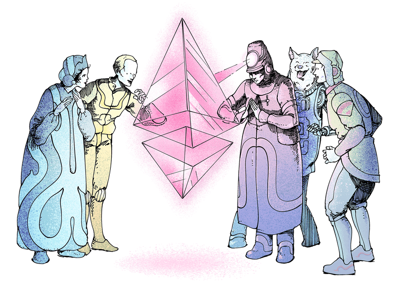 Illustration of a group of people marvelling at an ether (ETH) glyph in awe