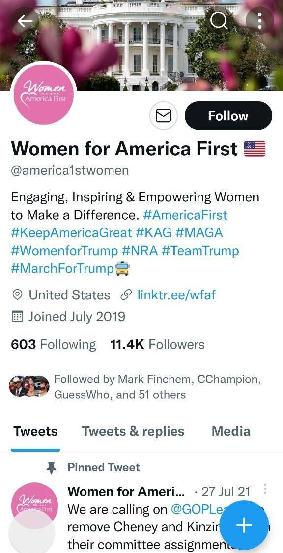 May be a Twitter screenshot of text that says 'WAE !!!!!!! !!!!! an Women America First Follow Women for America First @america1stwomen Engaging, Inspiring & Empowering Women to Make a Difference. #AmericaFirst #KeepAmericaGreat #KAG #MAGA #WomenforTrump #NRA #TeamTrump #MarchForTrump United States Joined July 2019 linktr.ee/wfaf 603 Following 11.4K Followers Followed by Mark Finchem, CChampion, GuessWho, and 51 others Tweets Tweets & replies Media Pinned Tweet Women @wFirst Women for Ameri... 27 Jul 21 We are calling on @GOPLe remove Cheney and Kinzir + their committee assignment'
