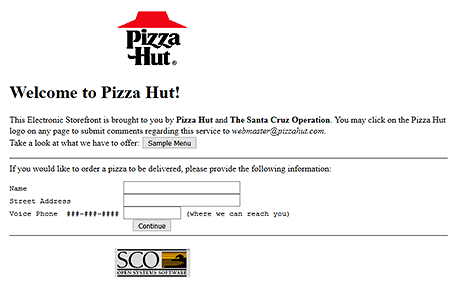 A screenshot of the Web 1.0 Pizza Hut user interface allowed customers to place an order. 