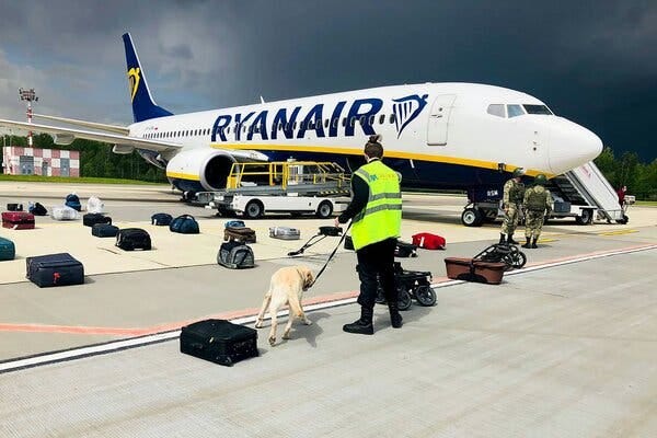 A Belarusian dog handler checking luggage from a Ryanair flight at Minsk International Airport on Sunday.