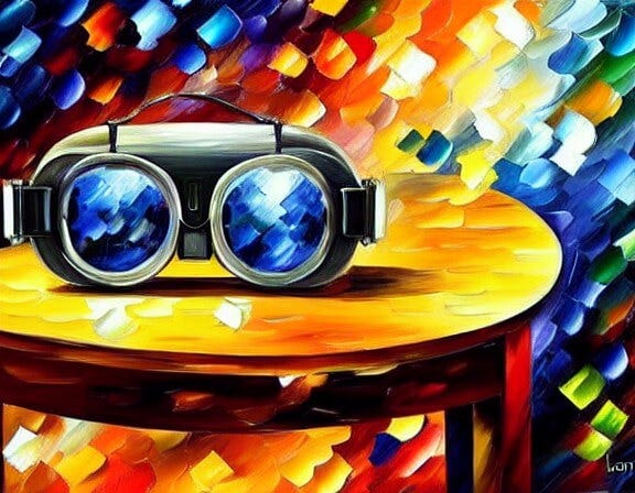 AI-generated image based on prompt: Still life of shiny VR goggles on a glass table by Leonid Afremov