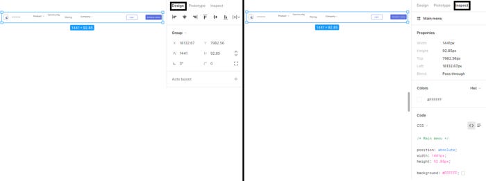 Two different views in Figma. On the left, the Design panel is clicked, providing information like X, Y, Height, and Width. On the Right, the Inspect panel is clicked, providing information like CSS.