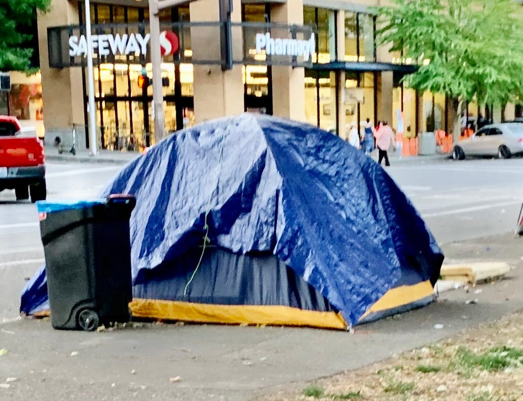 Portland, homeless, garbage. City provided garbage can next to the tent, but when you look at the entrance to the tent, garbage in & out. Portland Oregon. July 2020