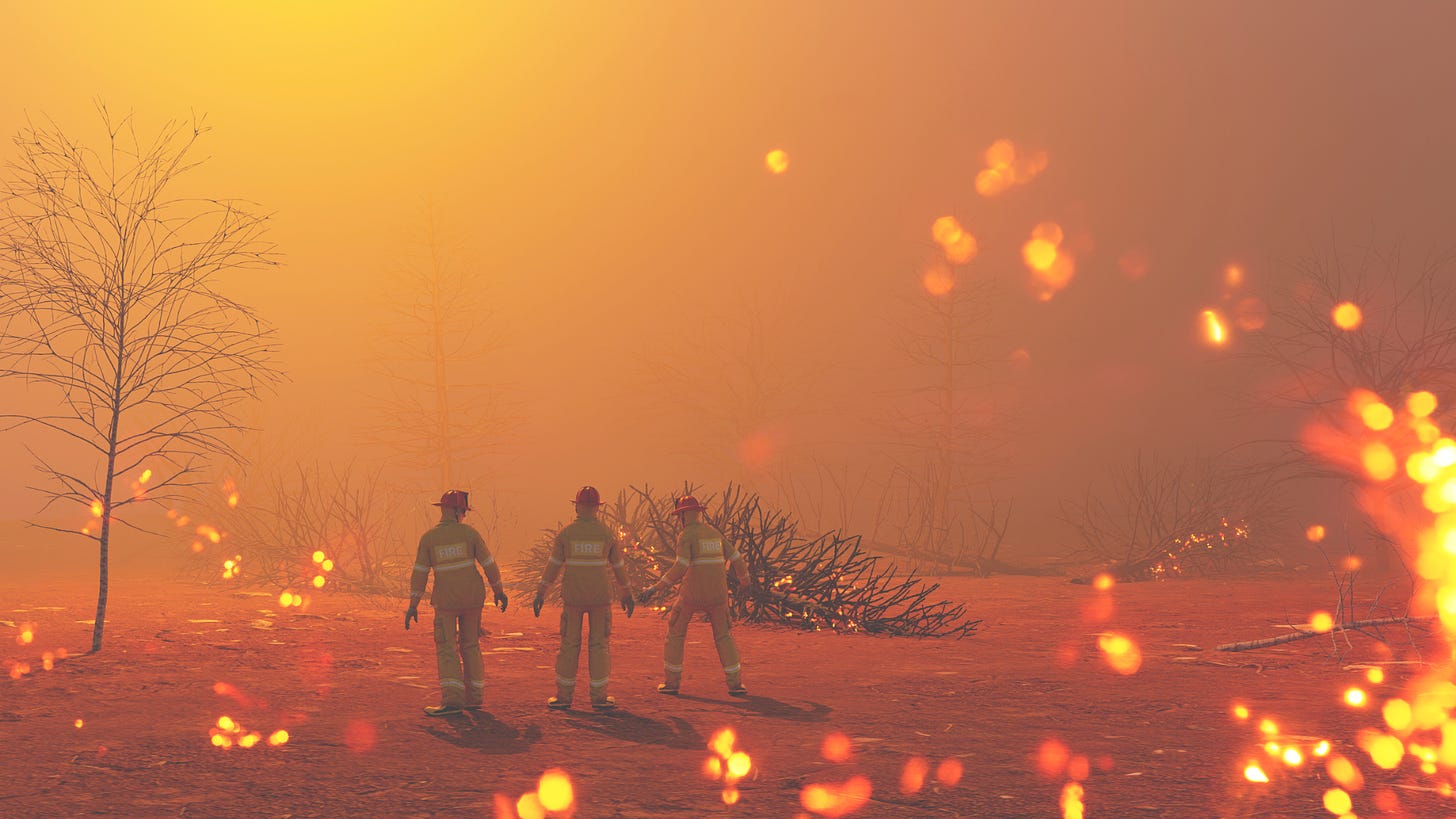 Three firemen standing in the middle of forest fire