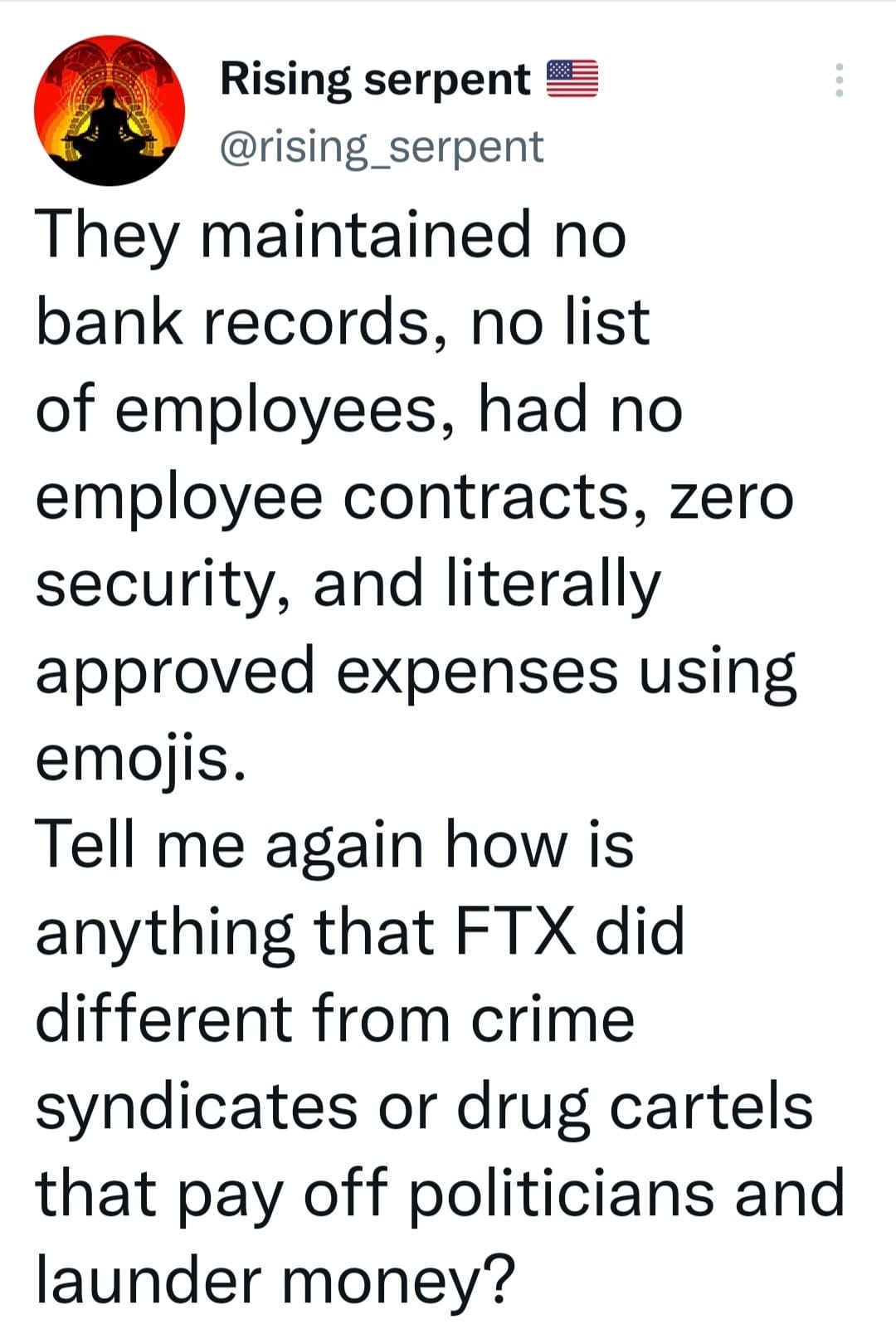 May be an image of text that says 'Ûising serpent @rising_serpent They maintained no bank records, no list of employees, had no employee contracts, zero security, and literally approved expenses using emojis. Tell me again how is anything that FTX did different from crime syndicates or drug cartels that pay off politicians and launder money?'