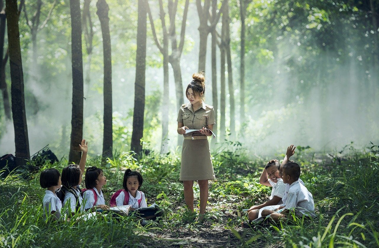 Woman standing over and teaching kids in a forest