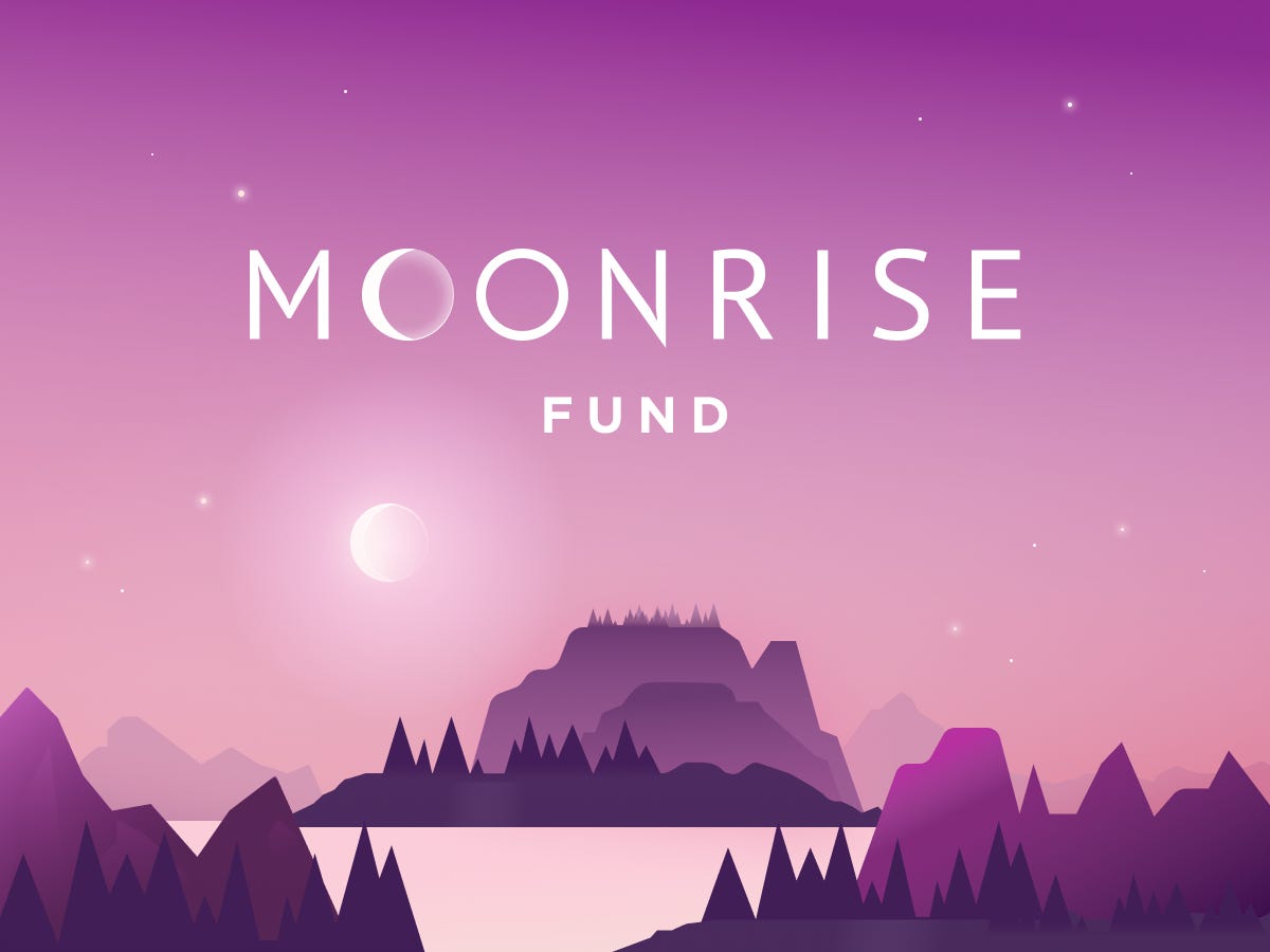 Stylistic scene of a landscape with trees and a lake, with a moon overhead. Text: Moonrise Fund