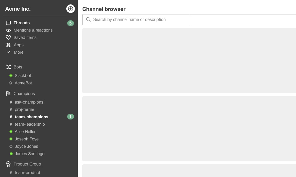 Mockup of a messaging client with grouped channels and colleagues