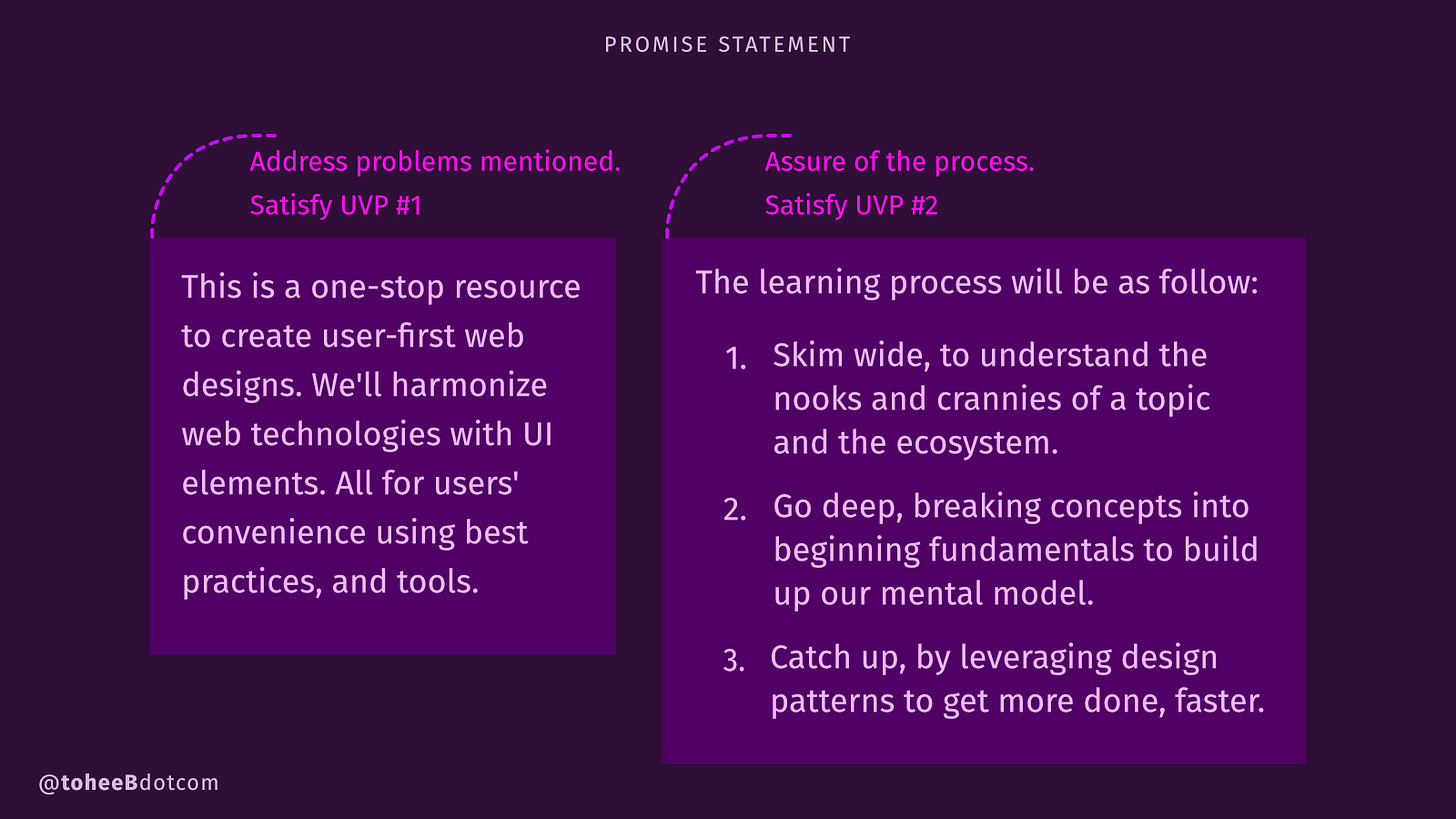An illustration annotating parts of the promise statement as it fulfils the problems mentioned and UVPs stated.