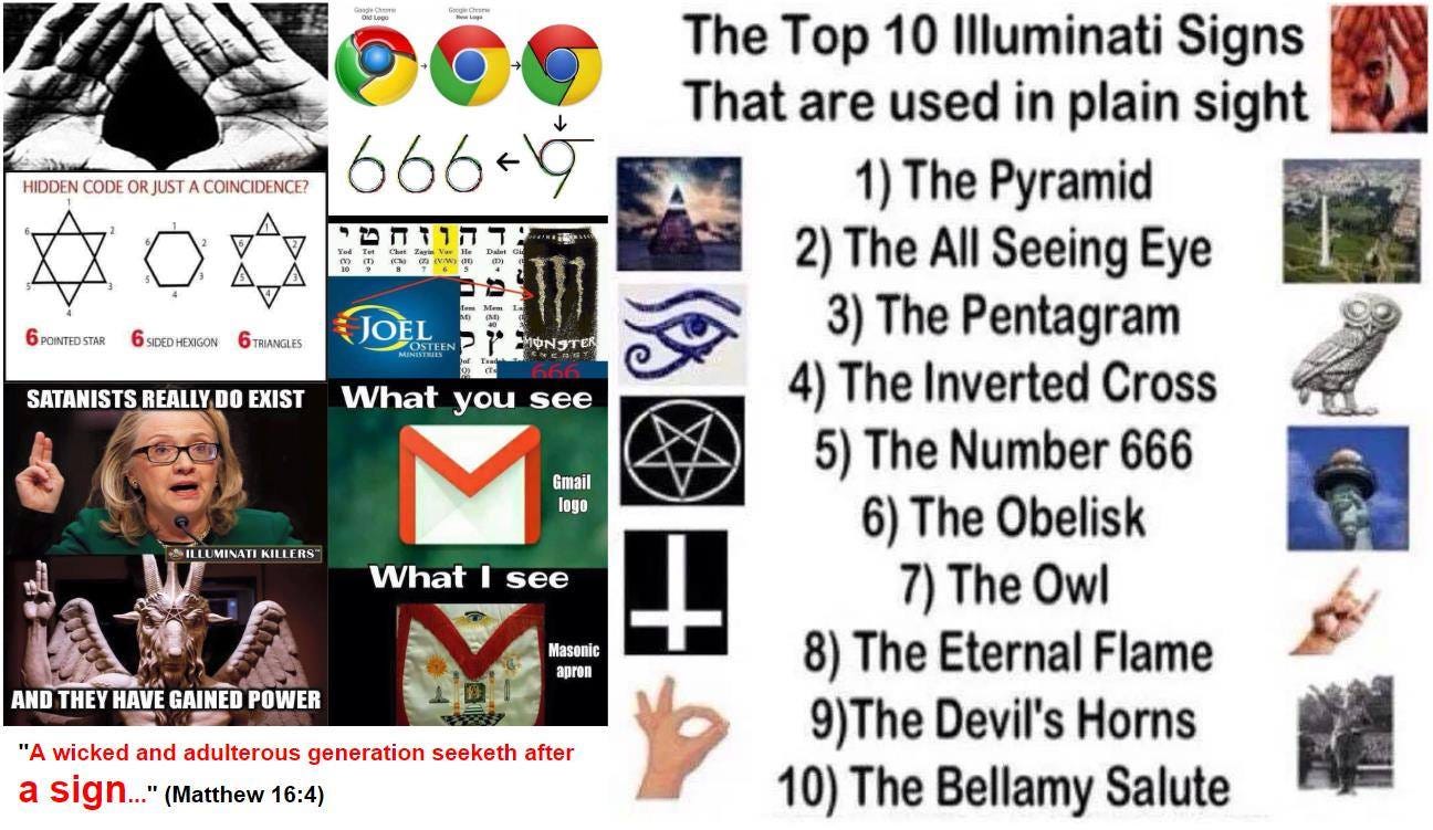 May be an image of 1 person and text that says "HIDDEN CODE JUST COINCIDENCE? 666-9 PONTEDR SIDEDHEXIGON TRIANGLES SATANISTS REALLY DO EXIST What you see Gmail logo The Top 10 Illuminati Signs That are used in plain sight 1) The Pyrmid 2) The All Seeing Eye 3) The Pentagram 4) The Inverted Cross 5) The Number 666 6) The Obelisk 7) The Owl 8) The Eternal Flame 9)The Devil's Horns 10) The Bellamy Salute What see AND THEY HAVE GAINED POWER Masenic apron "A wicked and adulterous generation seeketh after a sign..." (Matthew 16:4)"