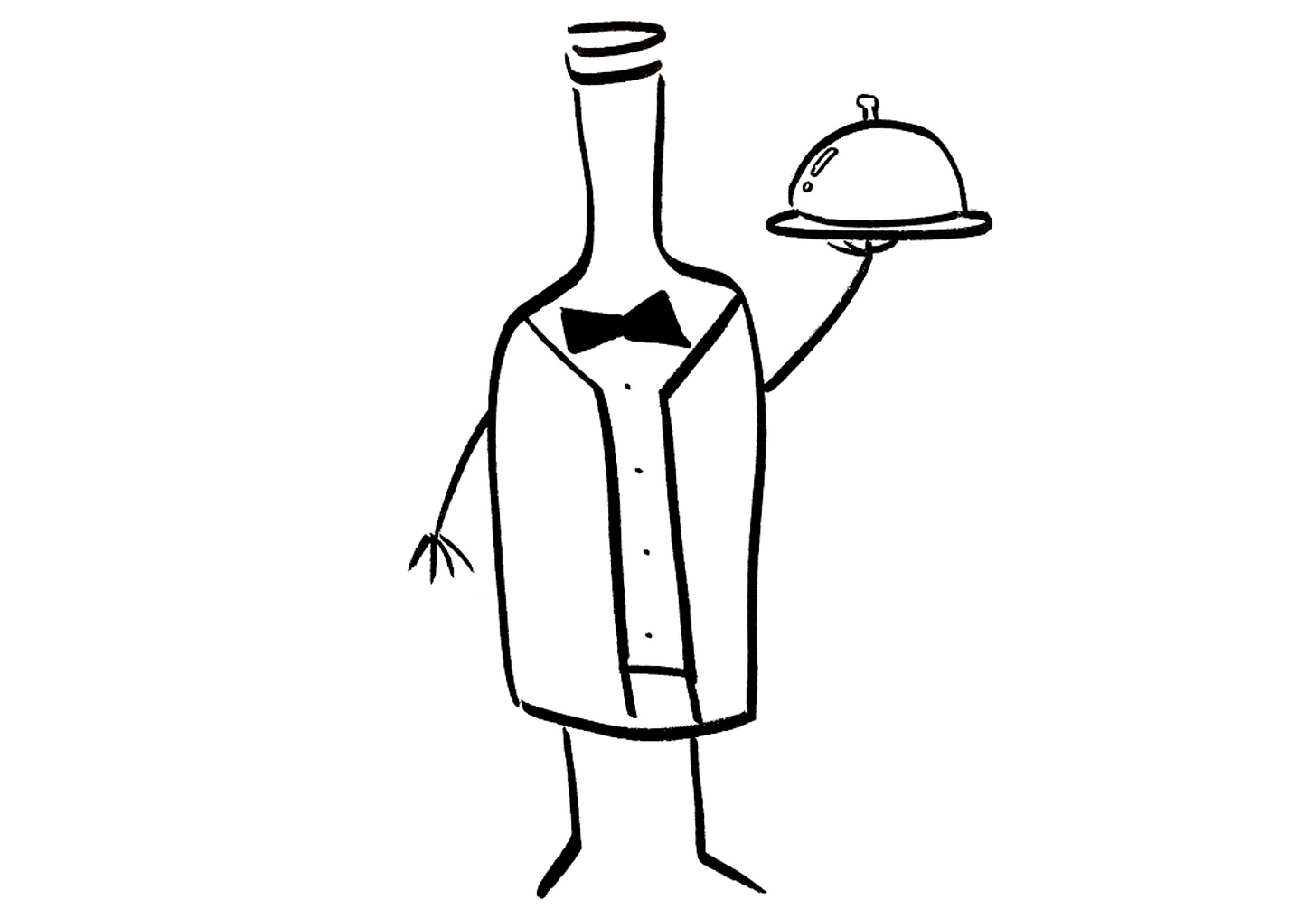 An anthropomorphic wine bottle dressed as a restaurant server
