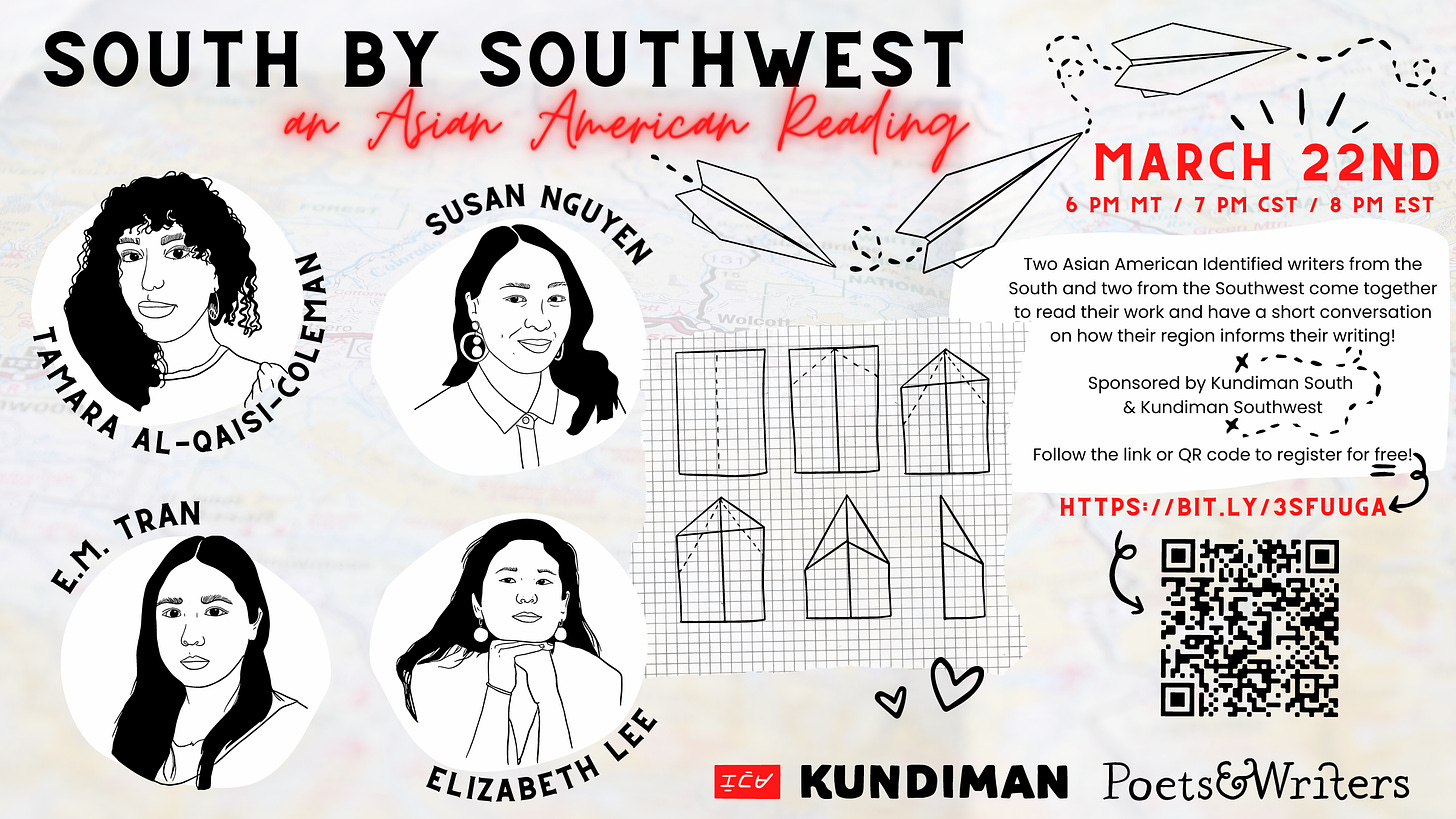 Illustrated flyer for Kundiman's South by Southwest reading. The flyer has black & white illustrations of the readers and doodles of paper planes. 