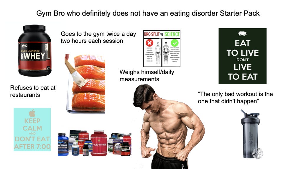 r/starterpacks - Gym Bro who definitely does not have an eating disorder Starter Pack