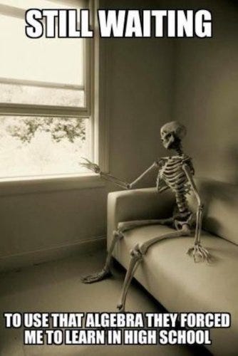 Image of skeleton seated on a sofa, looking out the window with the caption: “Still waiting to use that algebra they forced me to learn in high school”.