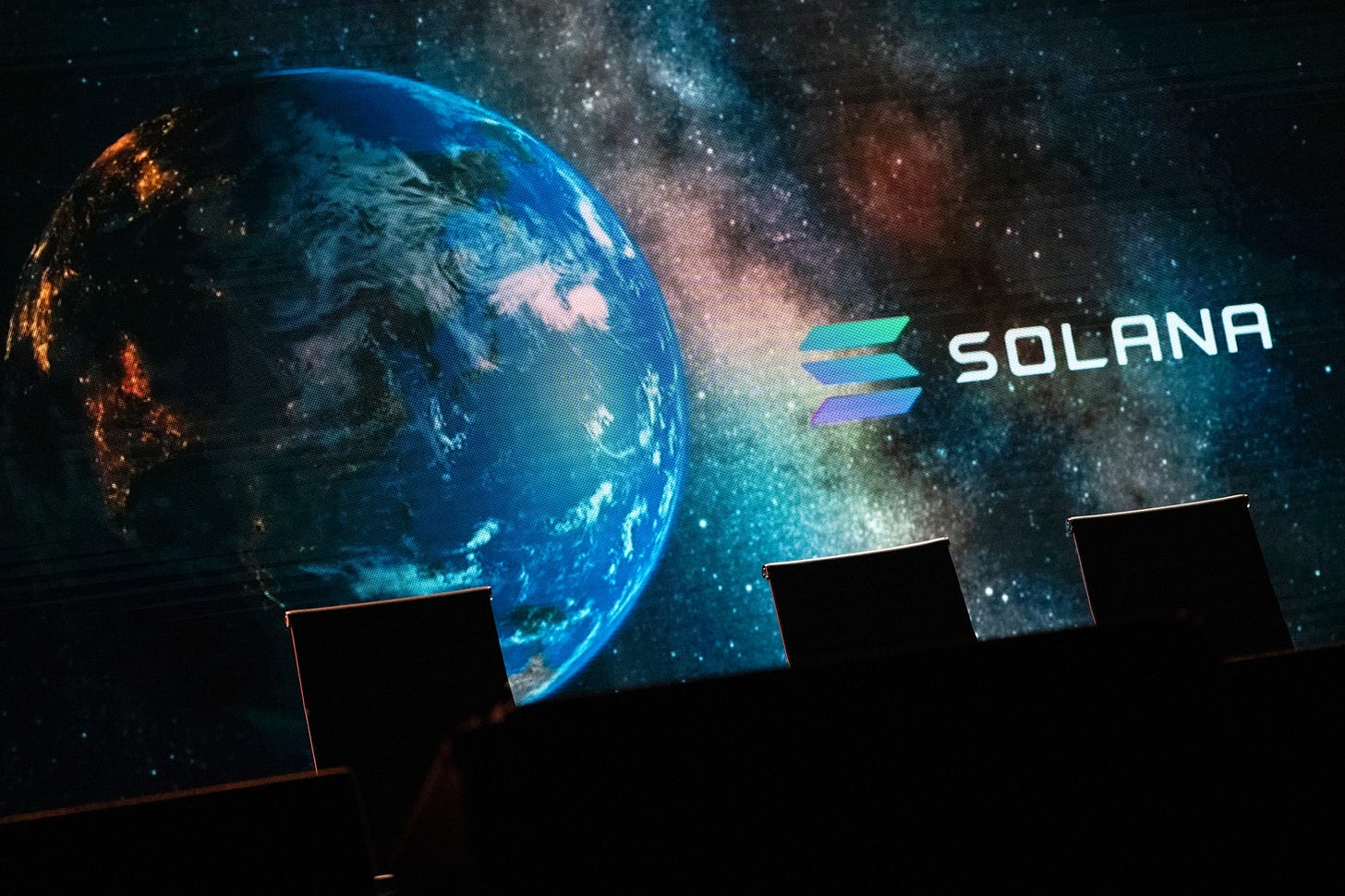 Solana signage at the NFT LA conference in Los Angeles.