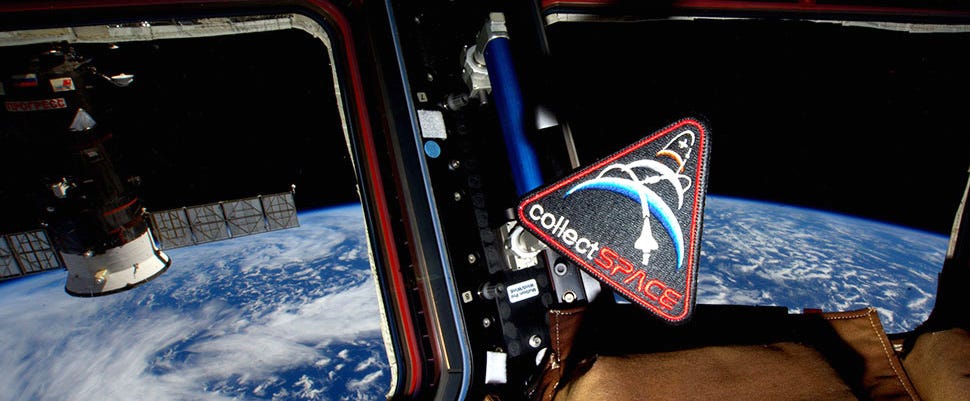 collectSPACE insignia patch floats in the cupola on the International Space Station. Photo credit: NASA/Scott Kelly via collectSPACE 