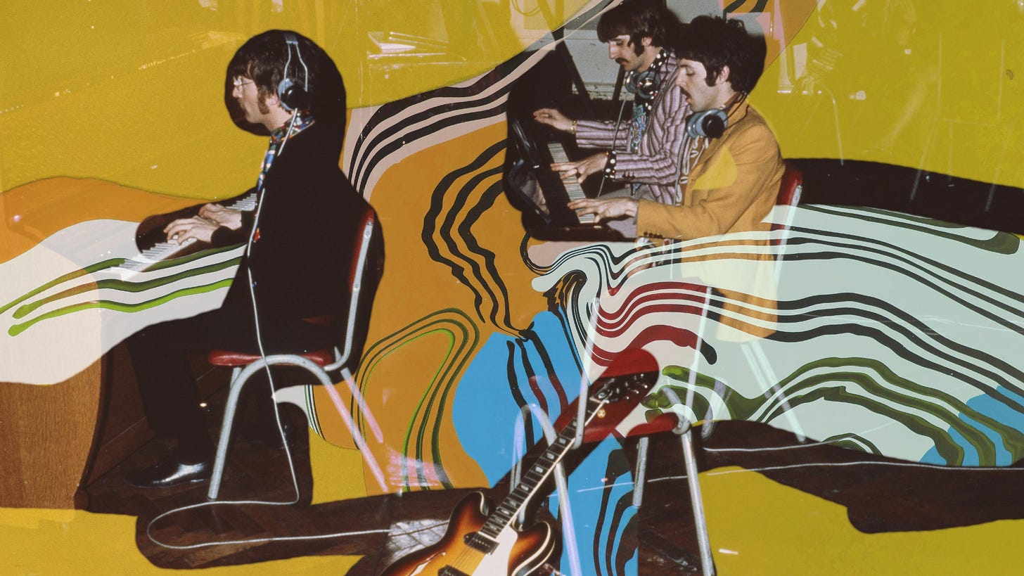 Colors swirl around The Beatles in a recording studio.