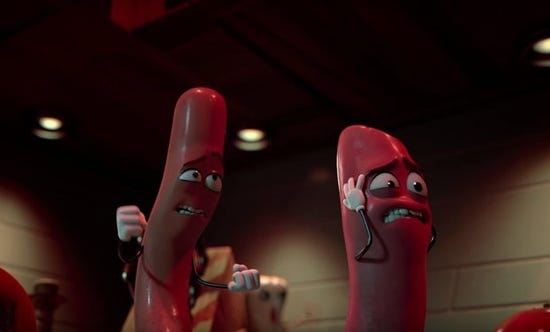 From left, Carl (Jonah Hill) and Barry (Michael Cera) cope with a stressful situation in "Sausage Party," a 2016 Sony Pictures release directed by Conrad Vernon and Greg Tiernan.