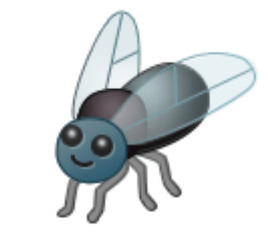 A close-up of Samsung's fly emoji, which has a very stupid smiley facae