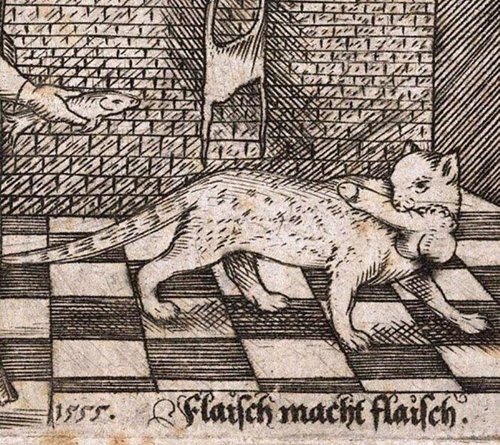medieval illustration of a cat carrying a penis in its mouth