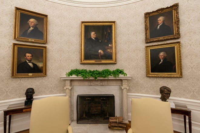 President Joe Biden's Oval Office decor, including a painting of former President Franklin D. Roosevelt over the mantle, on Jan. 20, 2021.