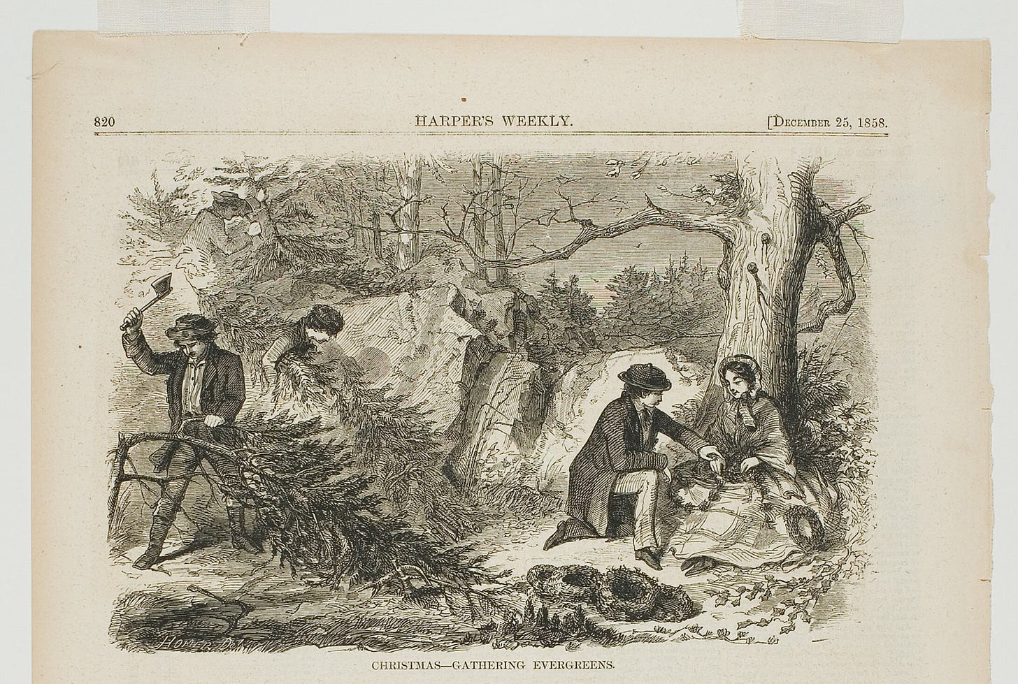A wood engraving. Two men work on chopping down evergreens on the left while another man tends to a woman sitting underneath a tree.