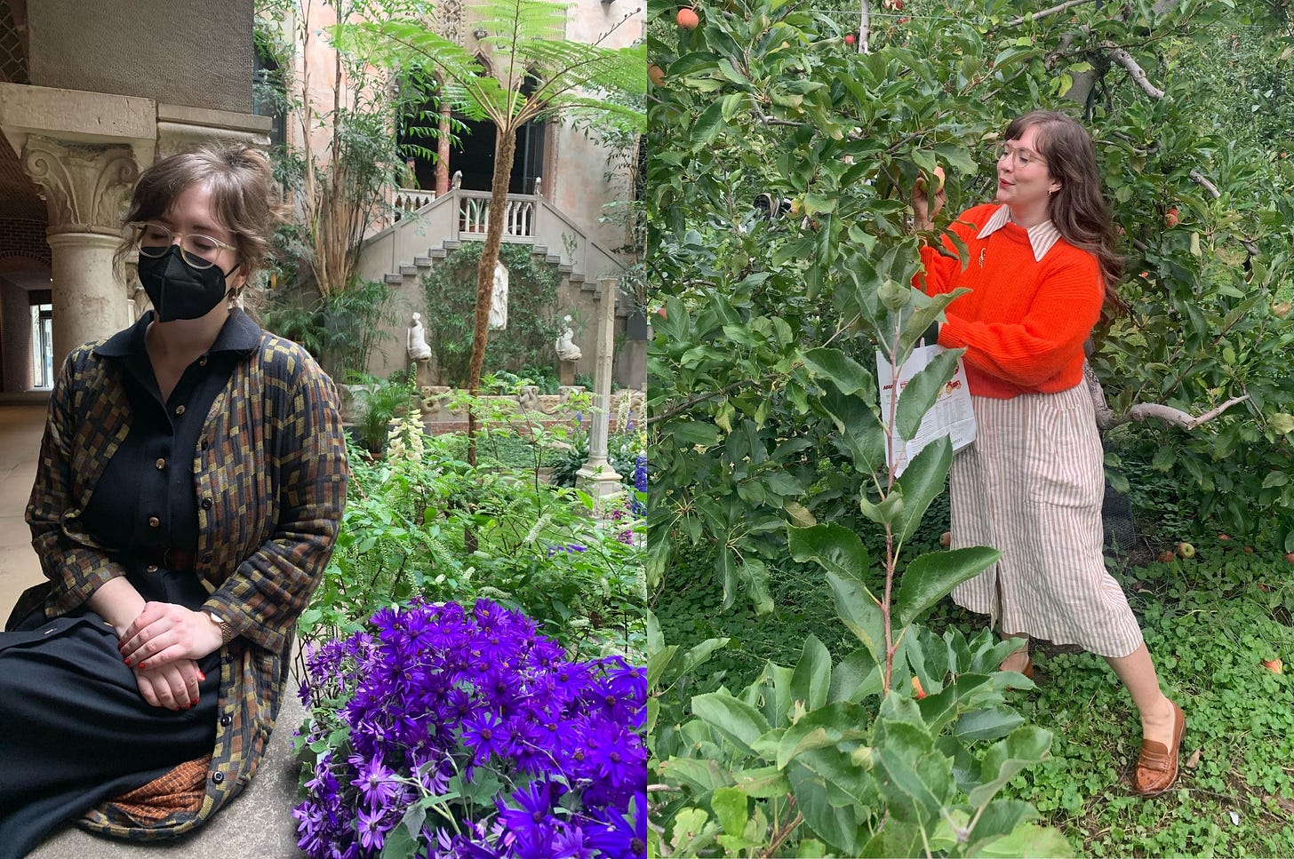 Molly looking like a lady of “loveliness and dignity” in her Revelle Collection Marcel Dress with Ace and Jig Ari shirtdress layered over at the Isabella Stewart Gardener Museum courtyard, left; and in Revelle Collection Marlowe Dress with Everlane Alpaca Sweater at X farm, right.