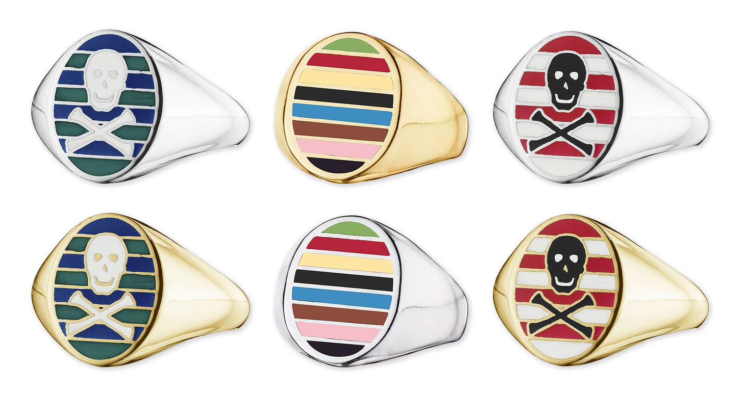 Rowing Blazers x Jessica Biales rings available now (Striped signet rings available online and in-store)