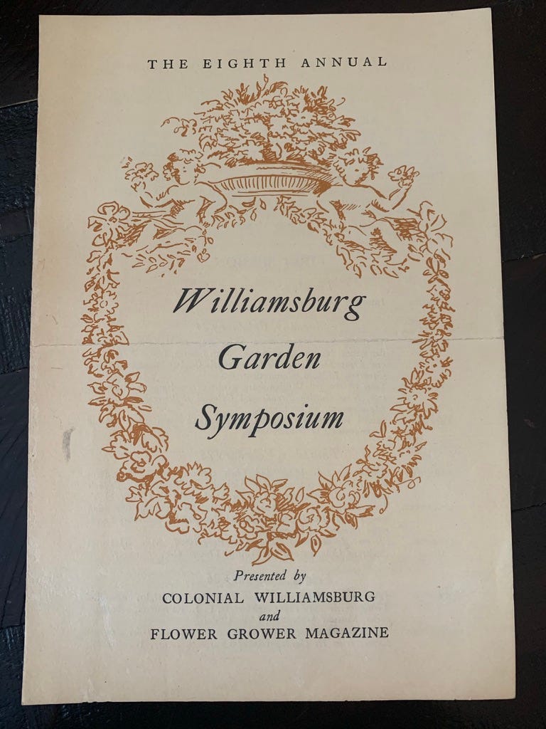 Cover of a paper pamphlet that reads "The Eighth Annual Williamsburg Garden Symposium" outlined in a block print wreath