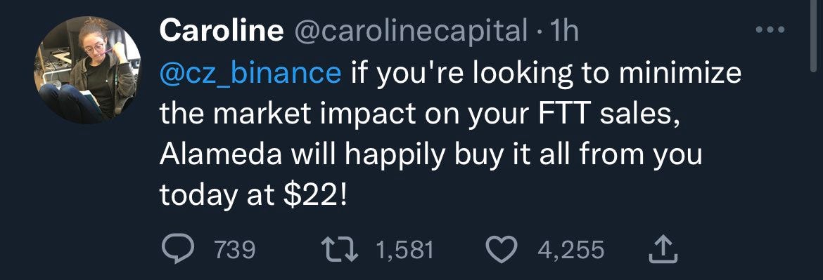 Alameda CEO tweeting that Alameda is willing to buy FTT from Binance for $22 each.