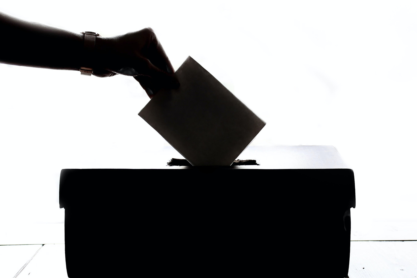 The silhouette of a hand dropping a vote into a ballot box.
