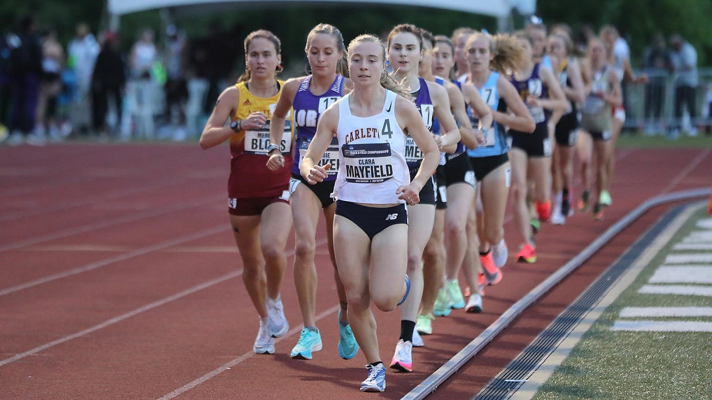 Clara Mayfield leads the field during the 10,000-meter run at the NCAA Championships.