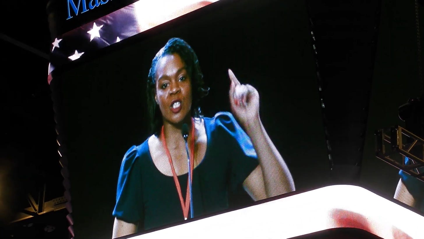 Rayla Campbell speaks at the 2022 Massachusetts Republican Party convention in Springfield. (Credit: bluesmovers YouTube channel)