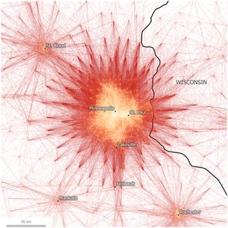 Fig 4. Tract-to-Tract Commutes of 80km/50 miles or less in Minneapolis-St. Paul. http://dx.doi.org/10.1371/journal.pone.0166083.g004