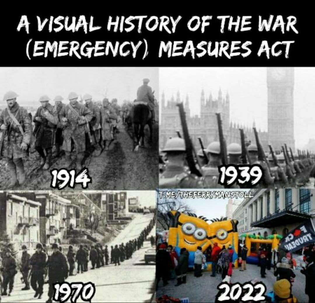May be an image of 11 people and text that says 'A VISUAL HISTORY OF THE WAR (EMERGENCY) MEASURES ACT 1914 1939 T.ME/THEFERRYMANSTOLL 4a3auRT 1970 2022'