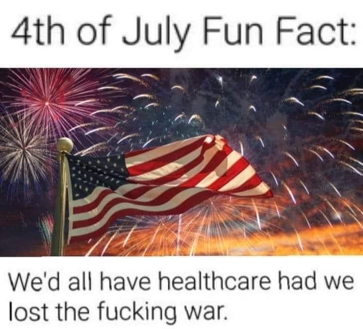 Fireworks go off behind a waving USA flag. Caption: "4th of July Fun Fact: We'd all have healthcare had we lost the fucking war."
