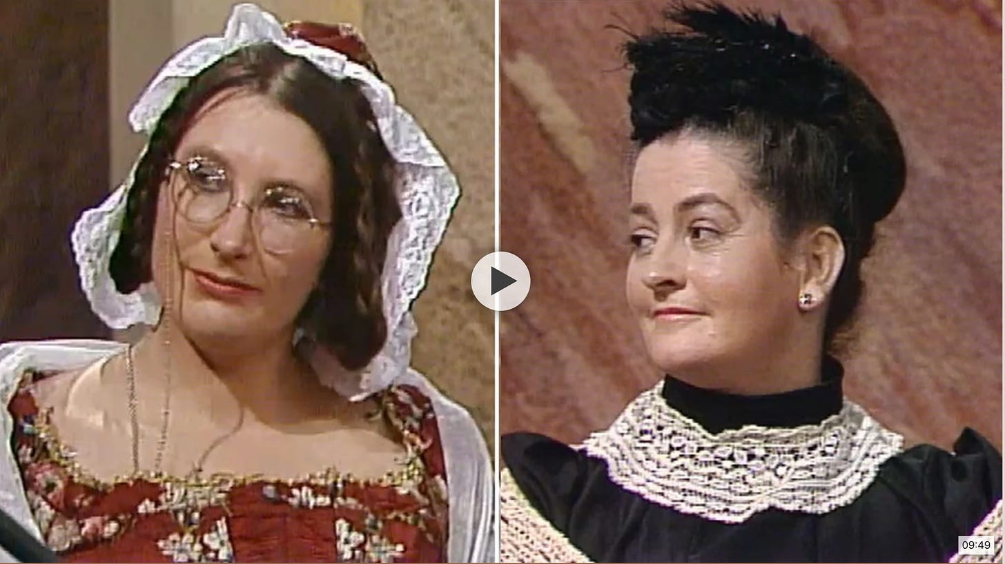 Still from an Irish television program showing two women in Victorian clothing.