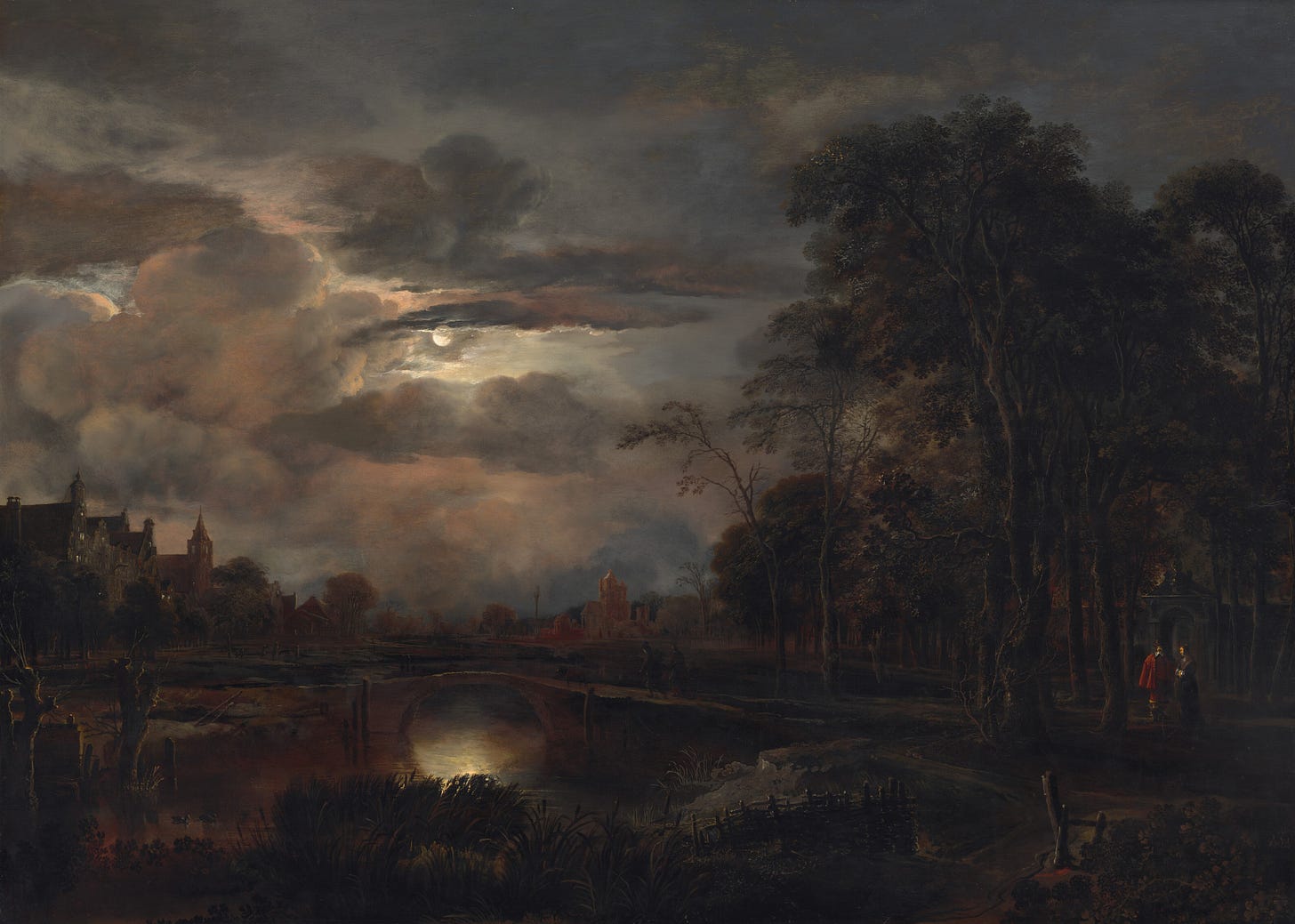 Moonlit Landscape with Bridge, probably 1648/1650 by Aert van der NeerMoonlit Landscape with Bridge, probably 1648/1650 by Aert van der Neer