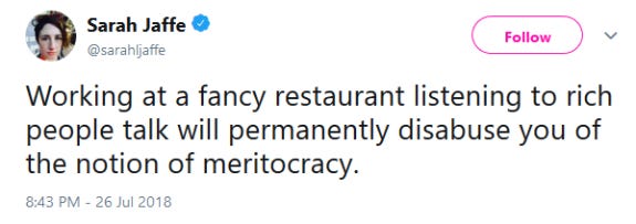 Screenshot of a tweet about being a waiter