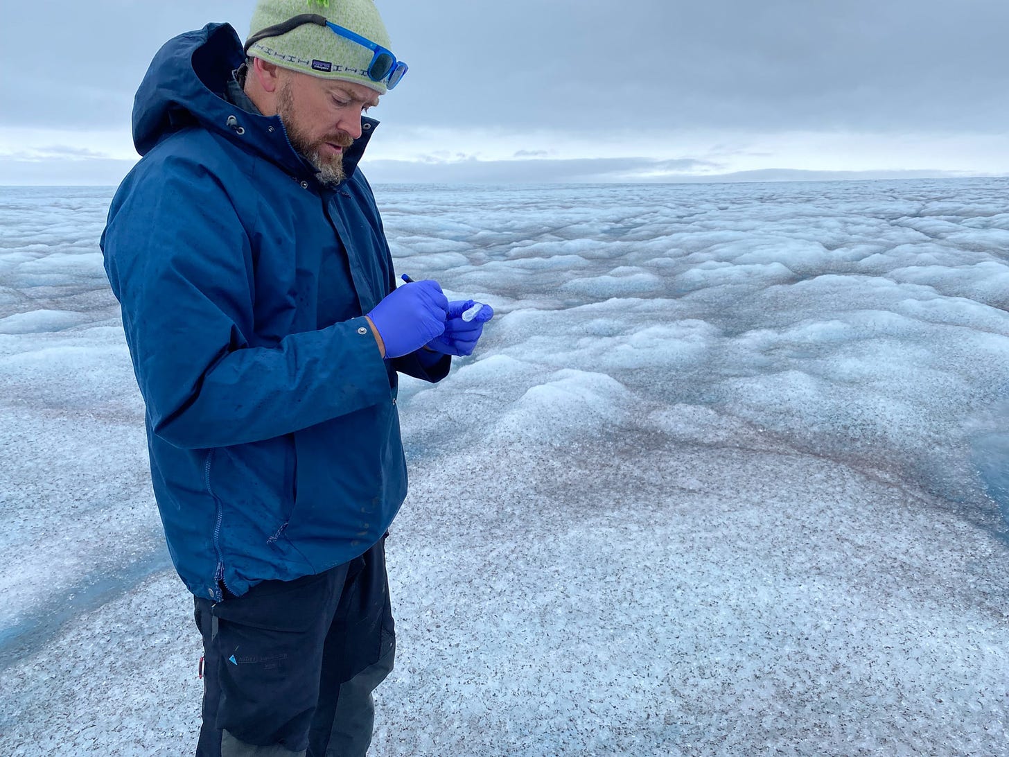 Professor Jason Box takes samples as he stands on exposed ice below the snow line of the Greenland Ice Sheet in West Greenland during the melt season. Box is with the glaciology and climate department at the Geological Survey of Denmark and Greenland.