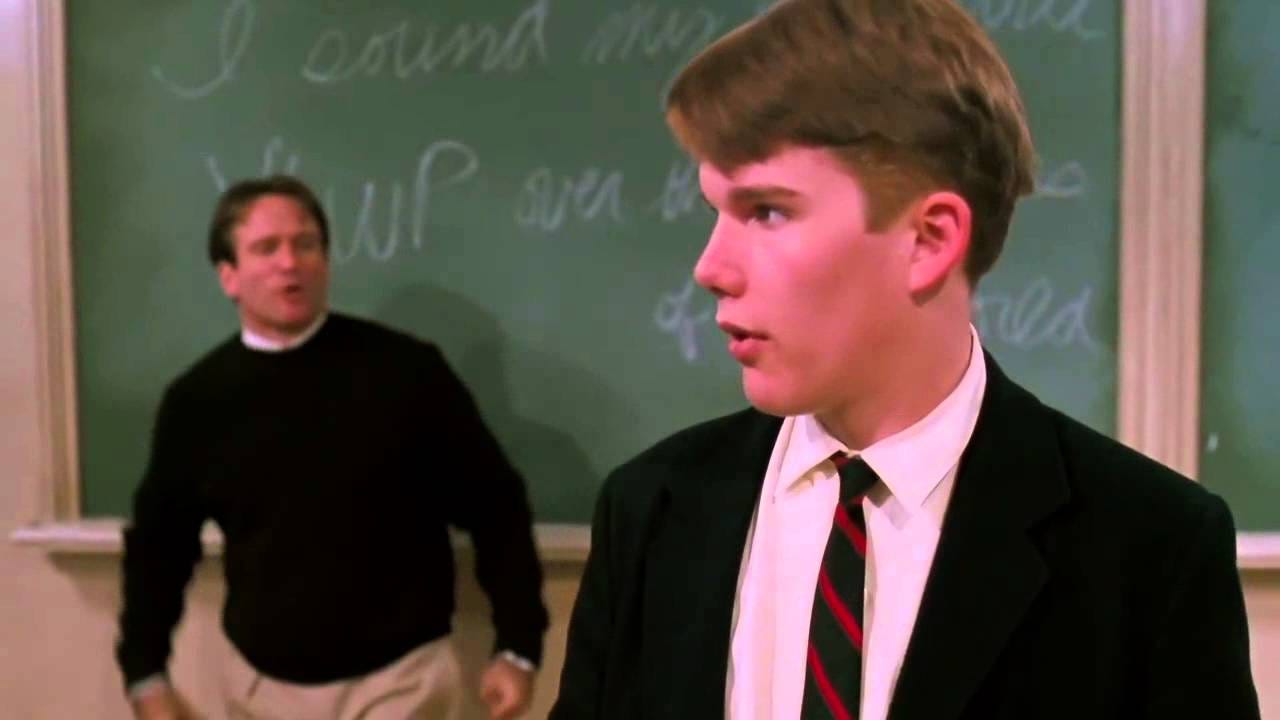 Robin Williams and Ethan Hawke from Dead Poets Society. Hawke's character "writes" with wild abandon, not thinking about the words he's putting together.
