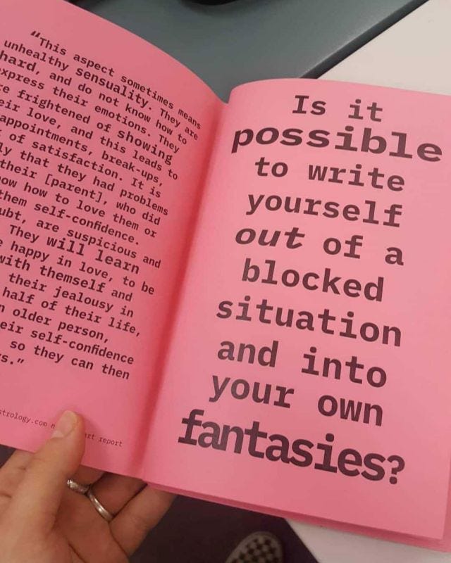 A close up of the inside front cover. The text reads Is it possible to write yourself out of a blocked situation and into your own fantasies?