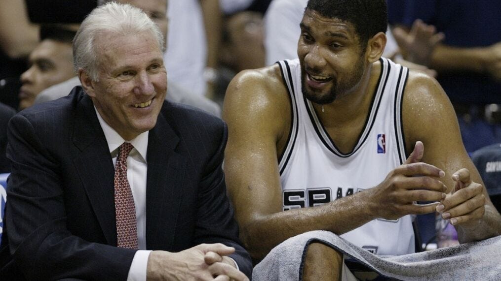 FILE - In this April 5, 2007, file photo, San Antonio Spurs forward Tim Duncan (21) talks with Spurs coach Gregg Popovich, left, during the fourth quarter of their NBA basketball game against the Phoenix Suns in San Antonio. (AP Photo/Eric Gay, File)