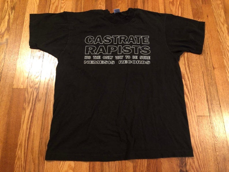 Early 90s Nemesis Records Castrate Rapists vintage t-shirt image 0