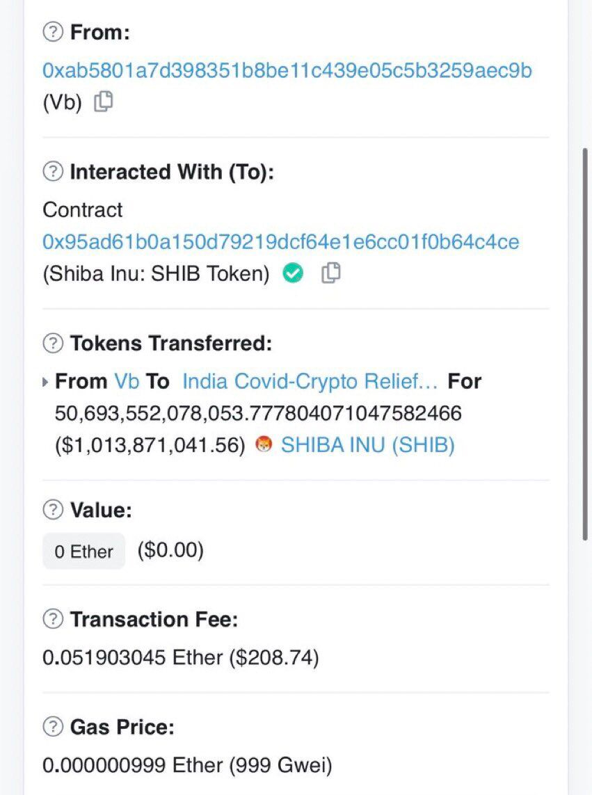 The Etherscan of the 1 Billion dollar donation to India COVID Relief from Ethereum Founder Vitalik Buterin.